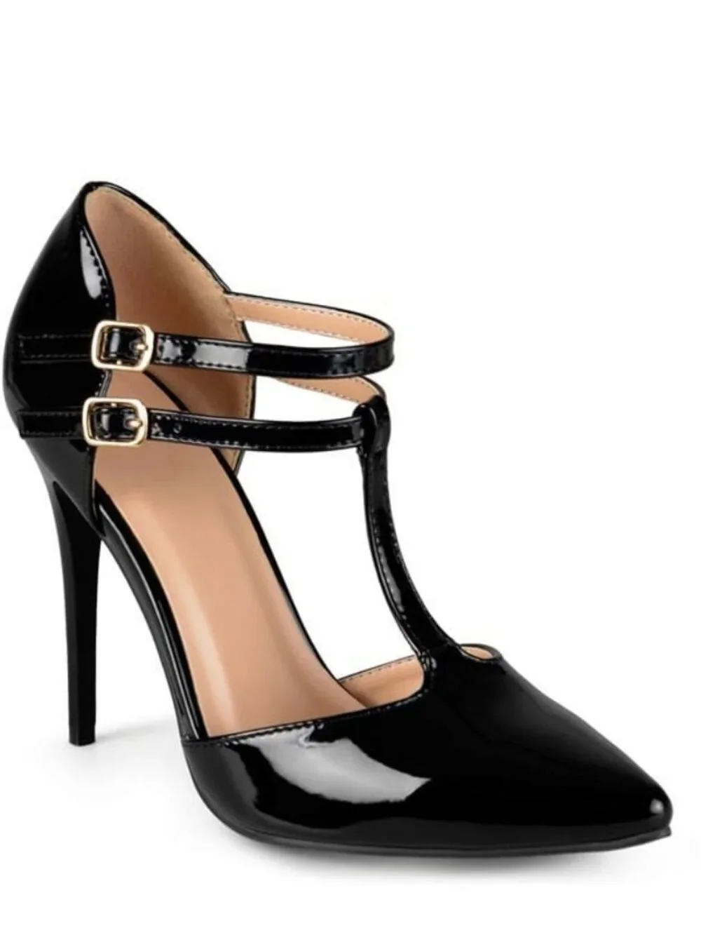 Journee Collection Tru Black Patent T-Strap Stiletto Pumps Women's Size 8.5